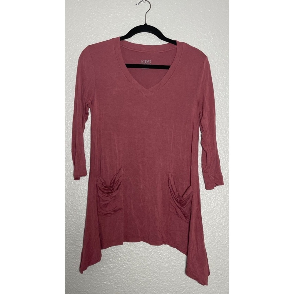 Logo by Lori Goldstein Shirt Women's XS Pink 3/4 Sleeve V-Neck Pockets